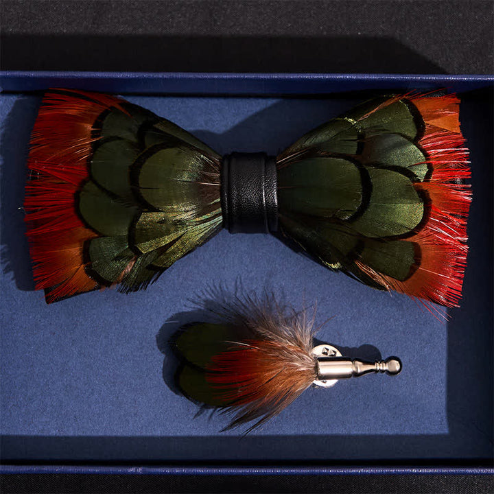Orange Greenish Pheasant Feather Bow Tie with Lapel Pin