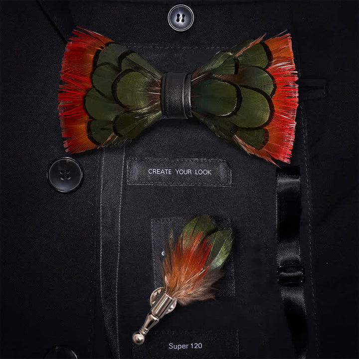 Orange Greenish Pheasant Feather Bow Tie with Lapel Pin