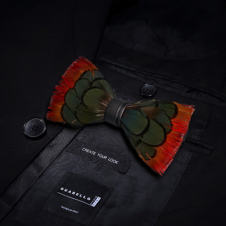 Orange Greenish Pheasant Feather Bow Tie with Lapel Pin