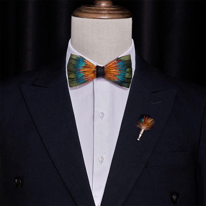 Colorful Spectrum Feather Bow Tie with Lapel Pin