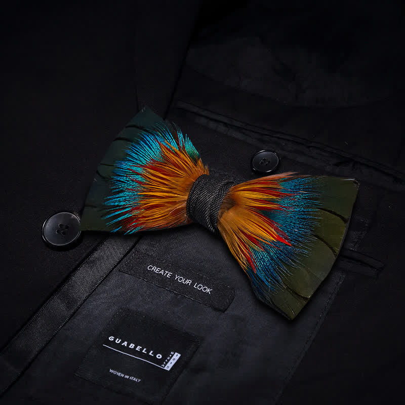 Colorful Spectrum Feather Bow Tie with Lapel Pin