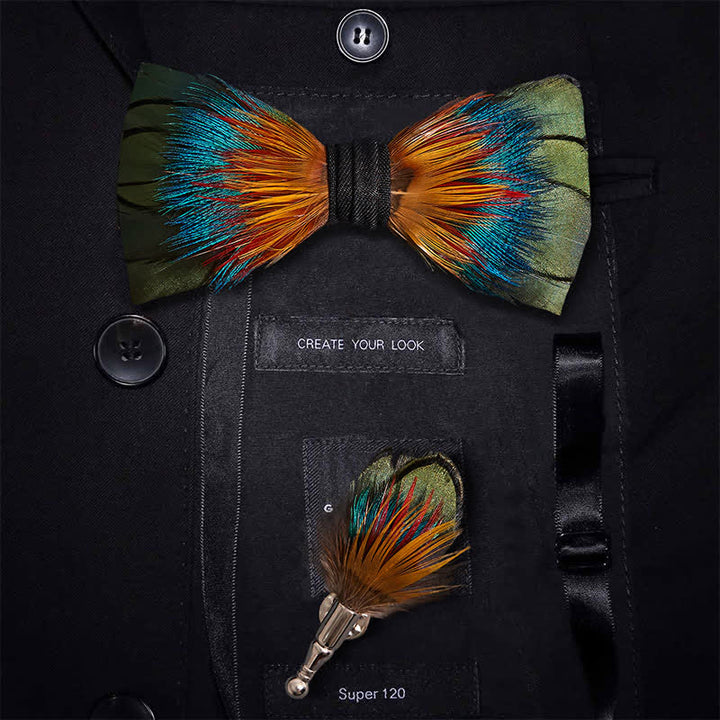 Colorful Spectrum Feather Bow Tie with Lapel Pin