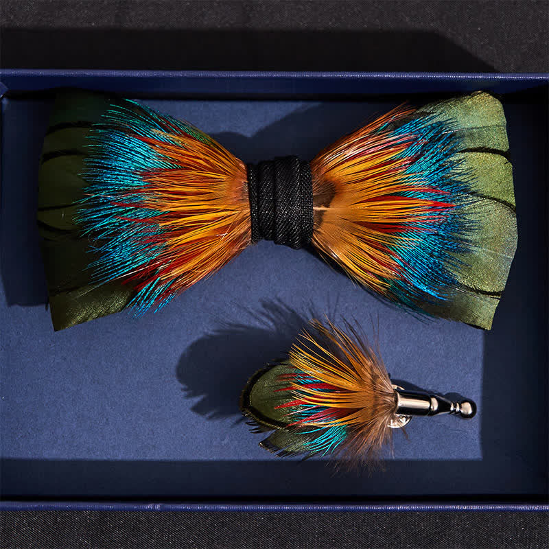 Colorful Spectrum Feather Bow Tie with Lapel Pin