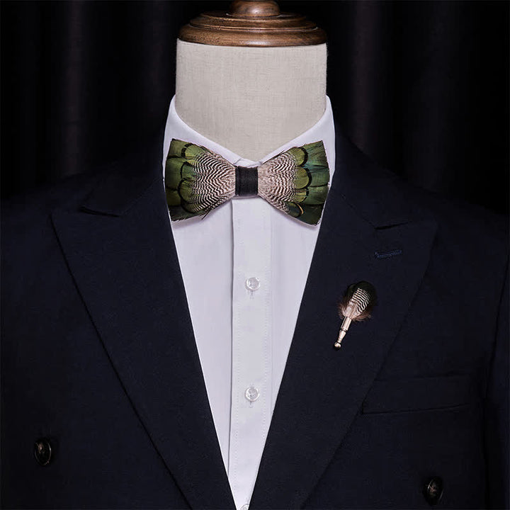 Green & White Mallard Duck Feather Bow Tie with Lapel Pin - image 1