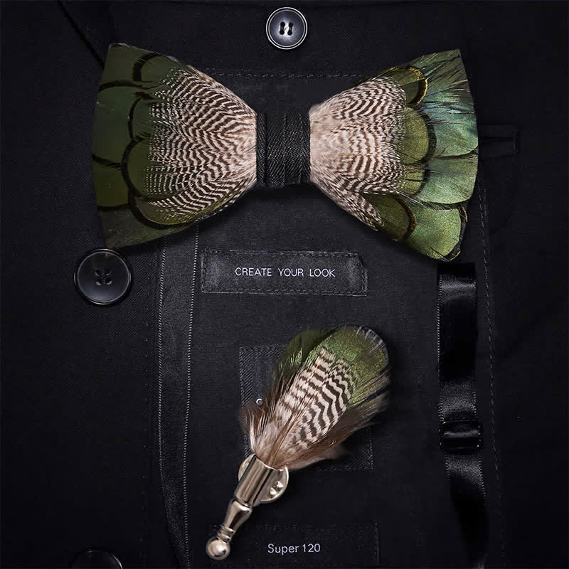 Kid's Green & White Mallard Duck Feather Bow Tie with Lapel Pin