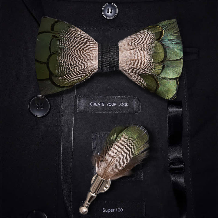 Kid's Green & White Mallard Duck Feather Bow Tie with Lapel Pin