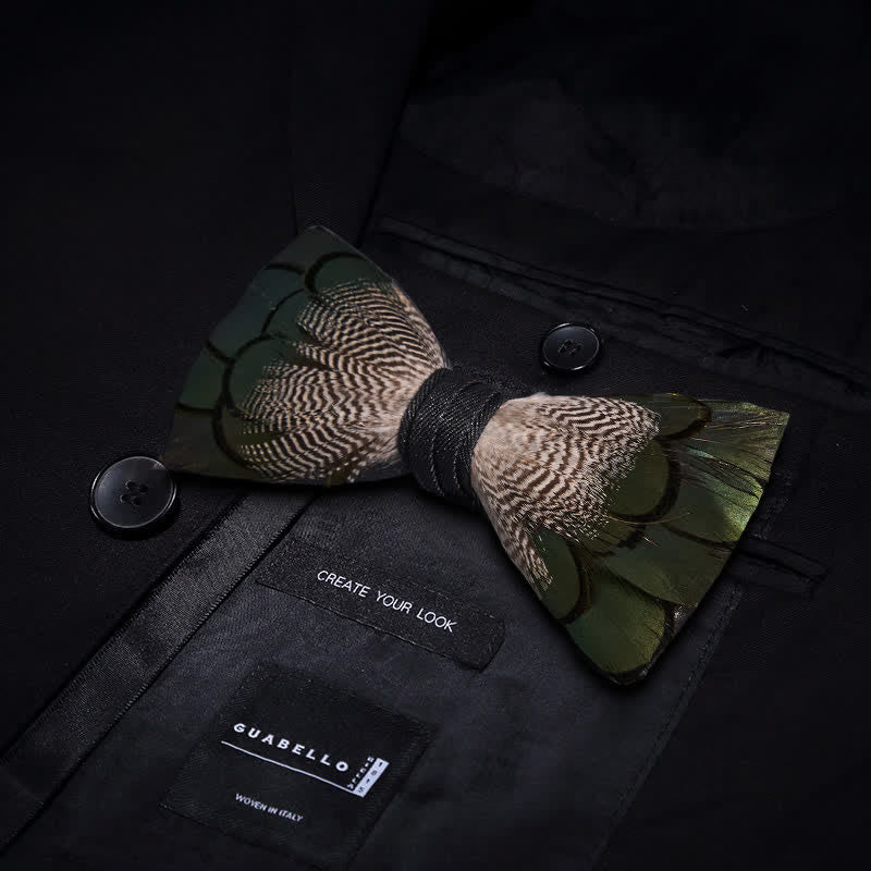 Kid's Green & White Mallard Duck Feather Bow Tie with Lapel Pin