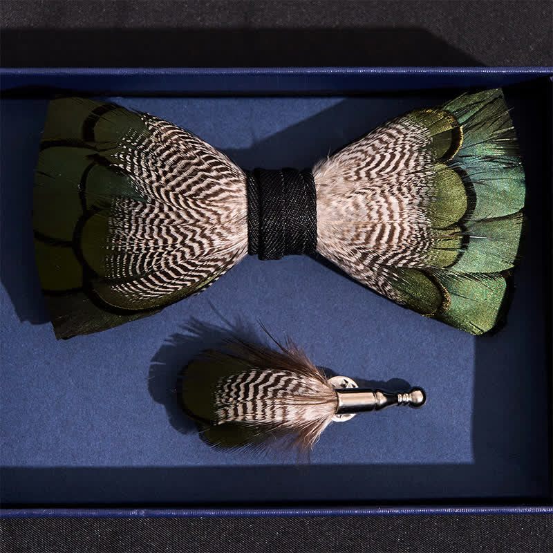 Kid's Green & White Mallard Duck Feather Bow Tie with Lapel Pin