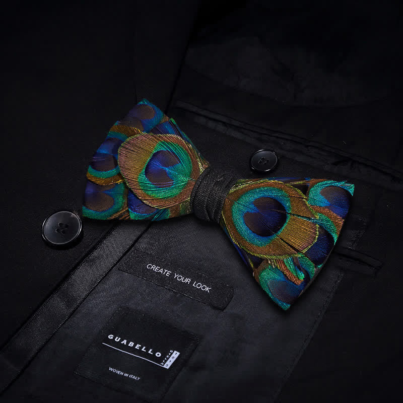 Indigo & Green Peacock Eyes Feather Bow Tie