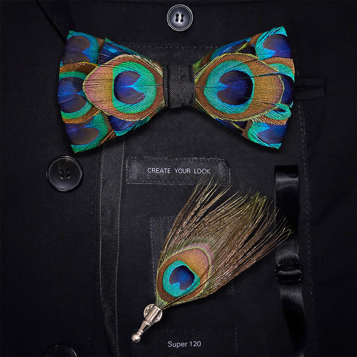 Indigo & Green Peacock Eyes Feather Bow Tie