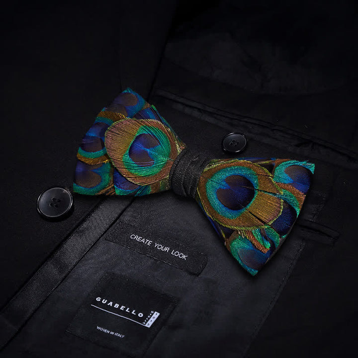 Indigo & Green Peacock Eyes Feather Bow Tie - image 2