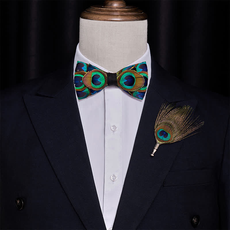 Indigo & Green Peacock Eyes Feather Bow Tie