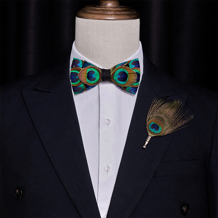 Indigo & Green Peacock Eyes Feather Bow Tie