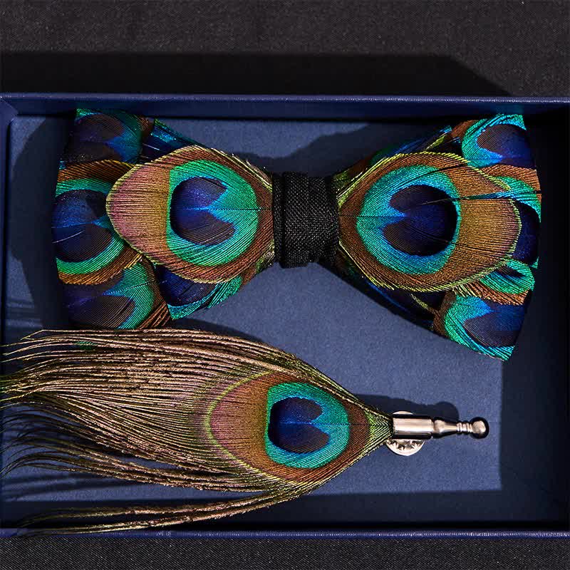 Indigo & Green Peacock Eyes Feather Bow Tie