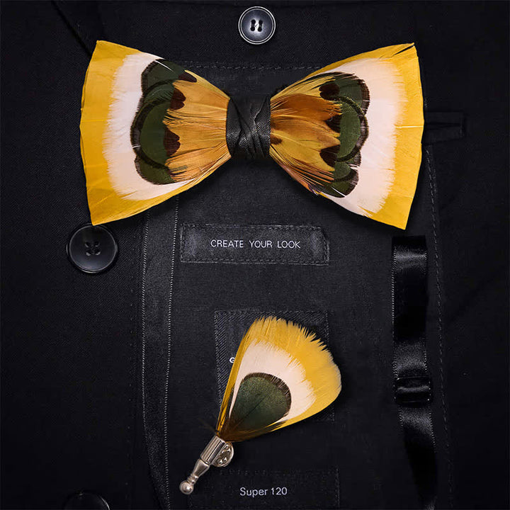 Lively Yellow & White Feather Bow Tie