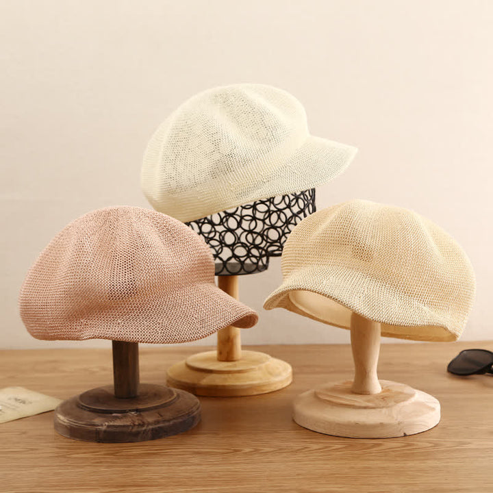 Women's Soild Color Woven Beach Straw Beret Hat - image 2