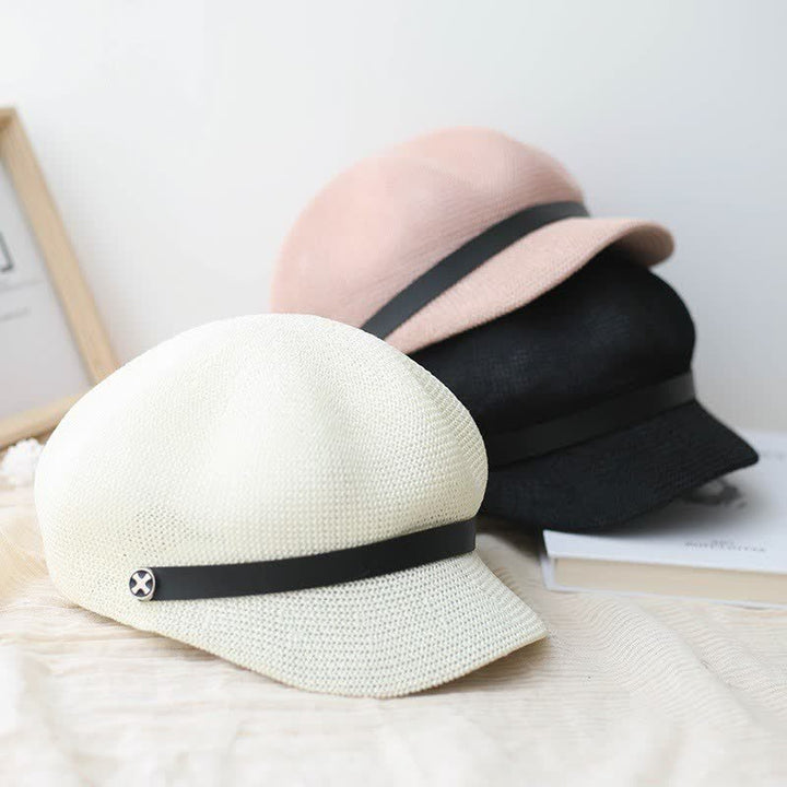 Women's Elegant Black Leather Band Octagonal Straw Beret Hat