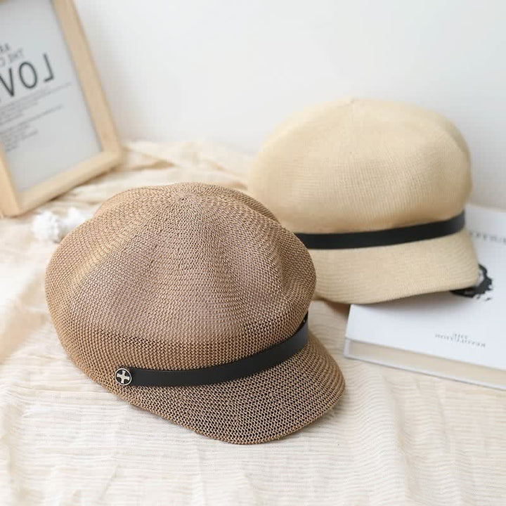 Women's Elegant Black Leather Band Octagonal Straw Beret Hat