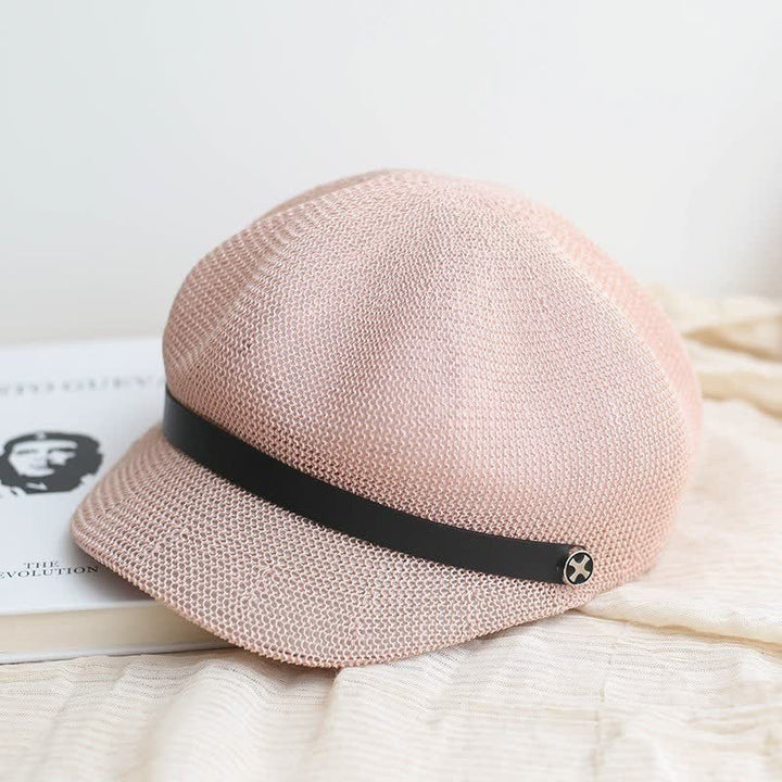 Women's Elegant Black Leather Band Octagonal Straw Beret Hat