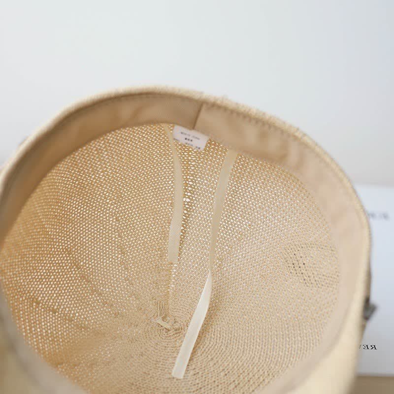 Women's Elegant Black Leather Band Octagonal Straw Beret Hat