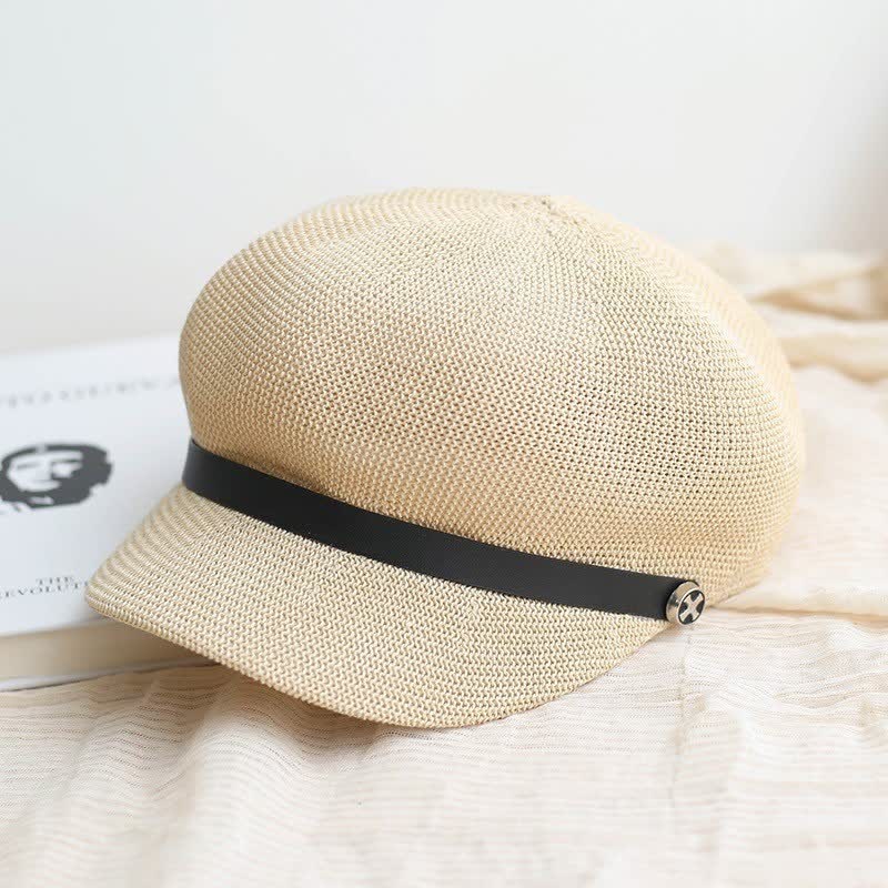 Women's Elegant Black Leather Band Octagonal Straw Beret Hat - Beige - Adjustable (21 5/8"-23 1/4") - image 0