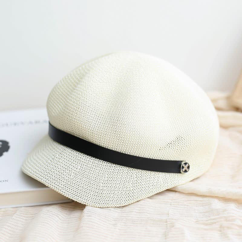 Women's Elegant Black Leather Band Octagonal Straw Beret Hat