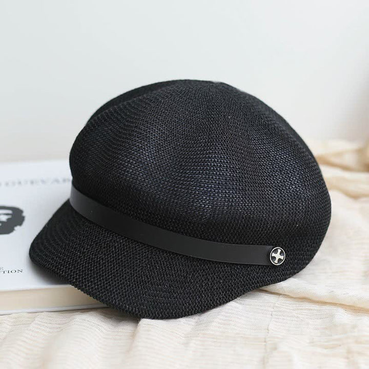 Women's Elegant Black Leather Band Octagonal Straw Beret Hat