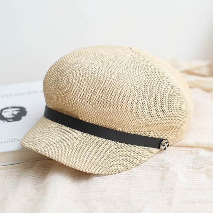 Women's Elegant Black Leather Band Octagonal Straw Beret Hat