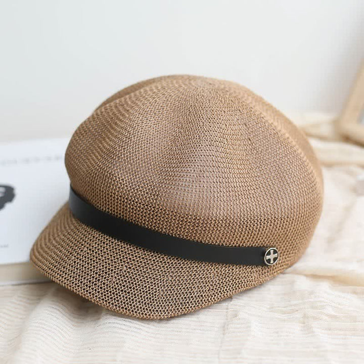 Women's Elegant Black Leather Band Octagonal Straw Beret Hat