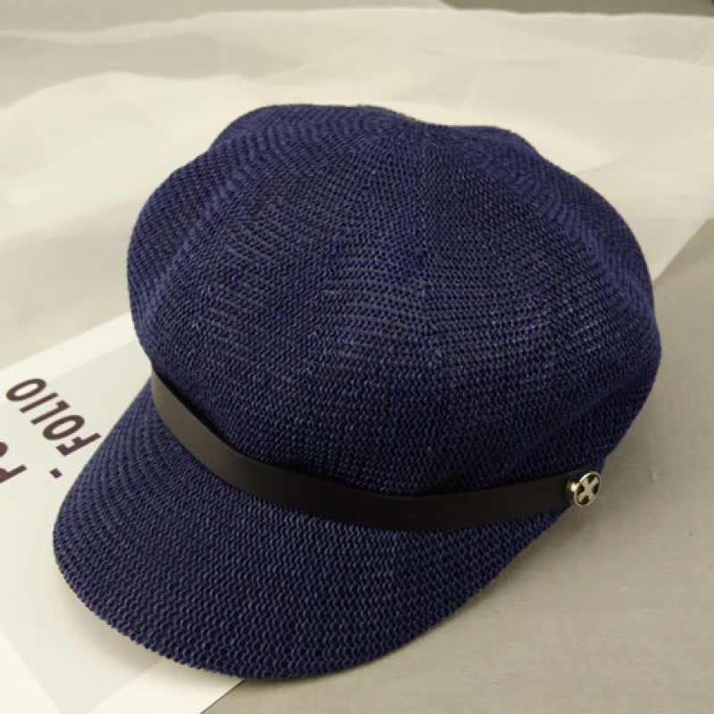 Women's Elegant Black Leather Band Octagonal Straw Beret Hat