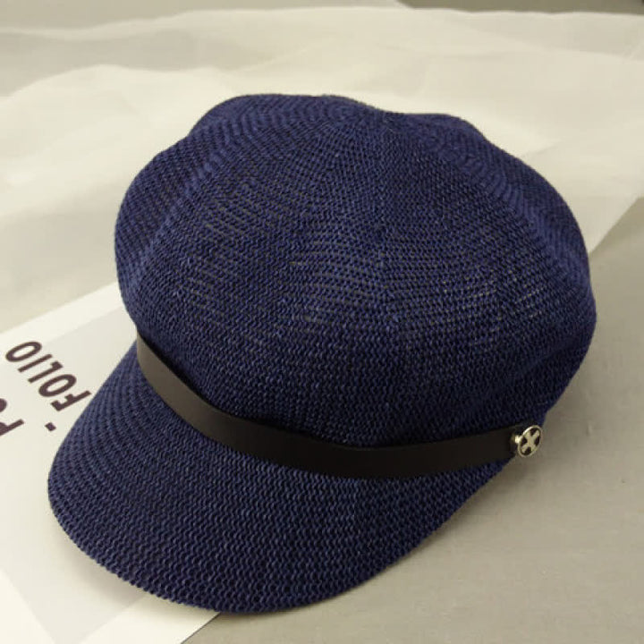 Women's Elegant Black Leather Band Octagonal Straw Beret Hat
