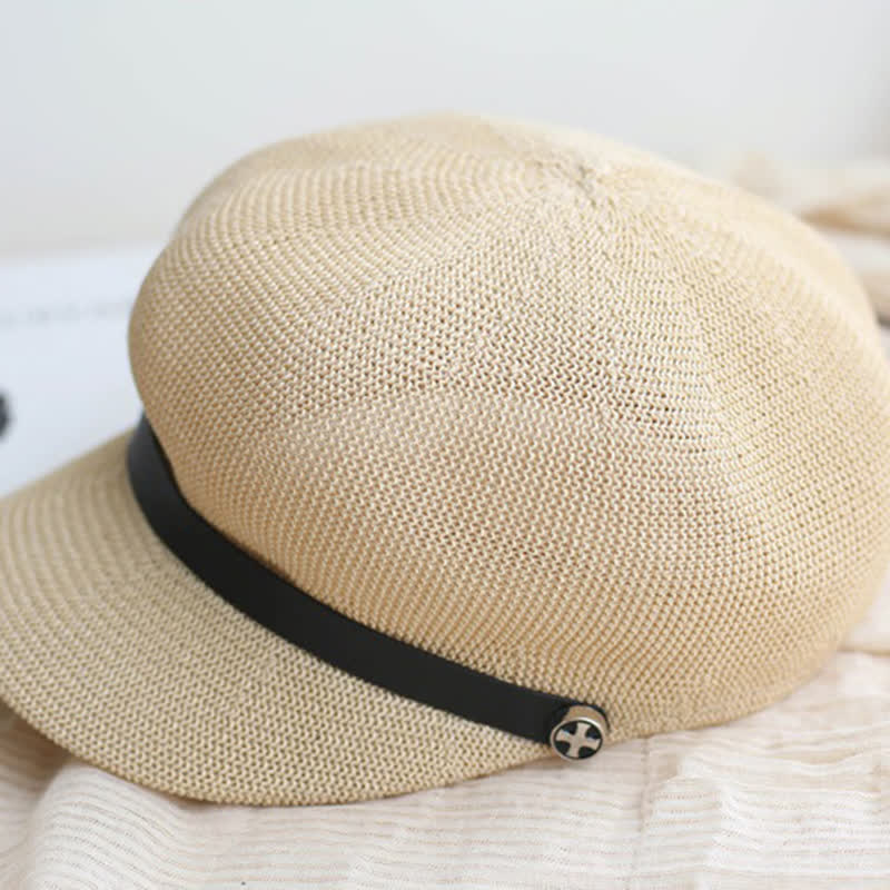 Women's Elegant Black Leather Band Octagonal Straw Beret Hat - image 3