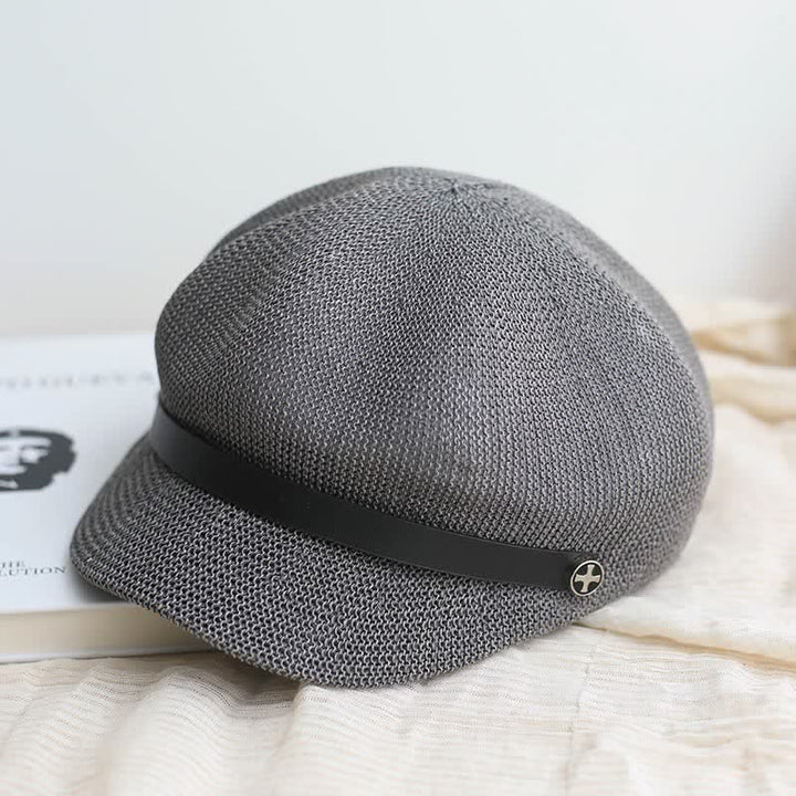 Women's Elegant Black Leather Band Octagonal Straw Beret Hat - Gray - Adjustable (21 5/8"-23 1/4") - image 10