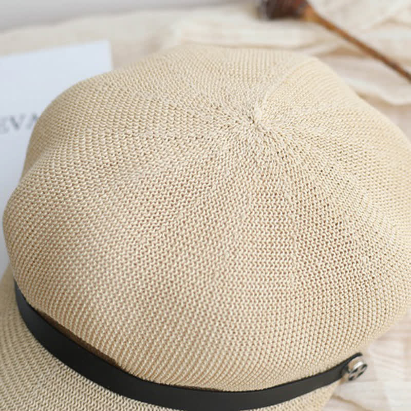 Women's Elegant Black Leather Band Octagonal Straw Beret Hat