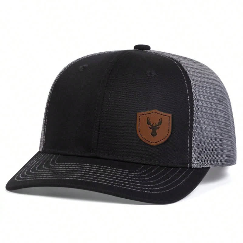 Small Antler Brown Leather Label Patch Trucker Hat - Black & Gray - Adjustable (About 22"-23 5/8") - image 3