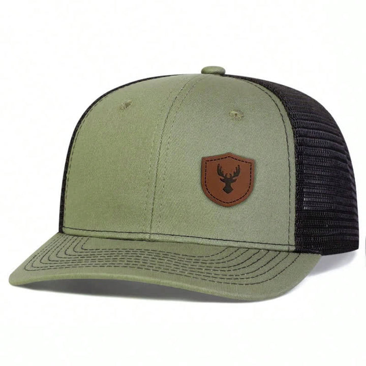 Small Antler Brown Leather Label Patch Trucker Hat - Army Green - Adjustable (About 22"-23 5/8") - image 5