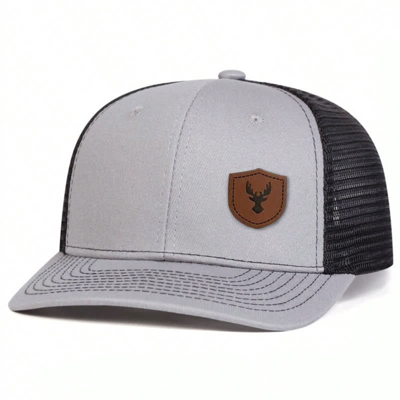 Small Antler Brown Leather Label Patch Trucker Hat - Light Gray - Adjustable (About 22"-23 5/8") - image 2