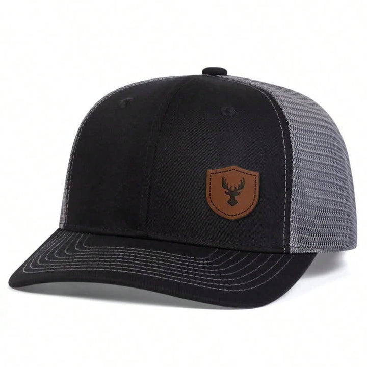 Small Antler Brown Leather Label Patch Trucker Hat - Black & Gray - Adjustable (About 22"-23 5/8") - image 3