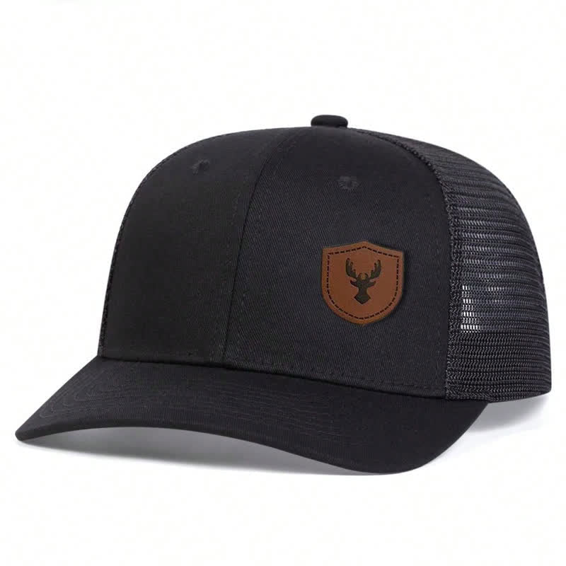 Small Antler Brown Leather Label Patch Trucker Hat - Black - Adjustable (About 22"-23 5/8") - image 1