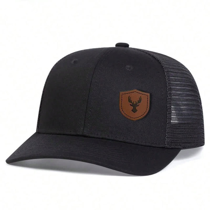 Small Antler Brown Leather Label Patch Trucker Hat - Black - Adjustable (About 22"-23 5/8") - image 1