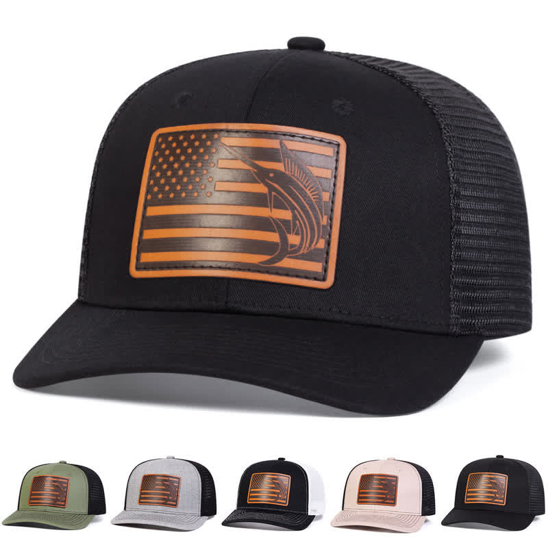 USA Flag Shark Leather Label Patch Trucker Hat - image 0