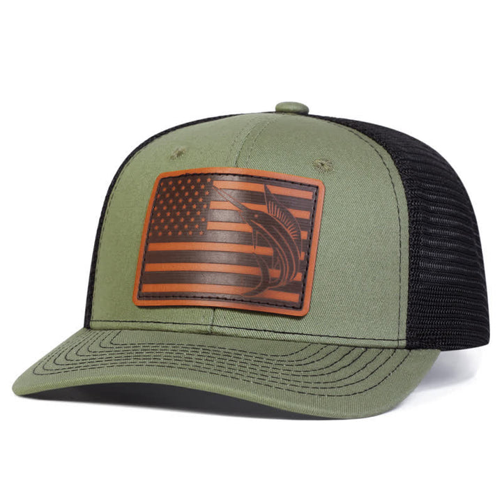 USA Flag Shark Leather Label Patch Trucker Hat - Army Green - Adjustable (About 22"-23 5/8") - image 6