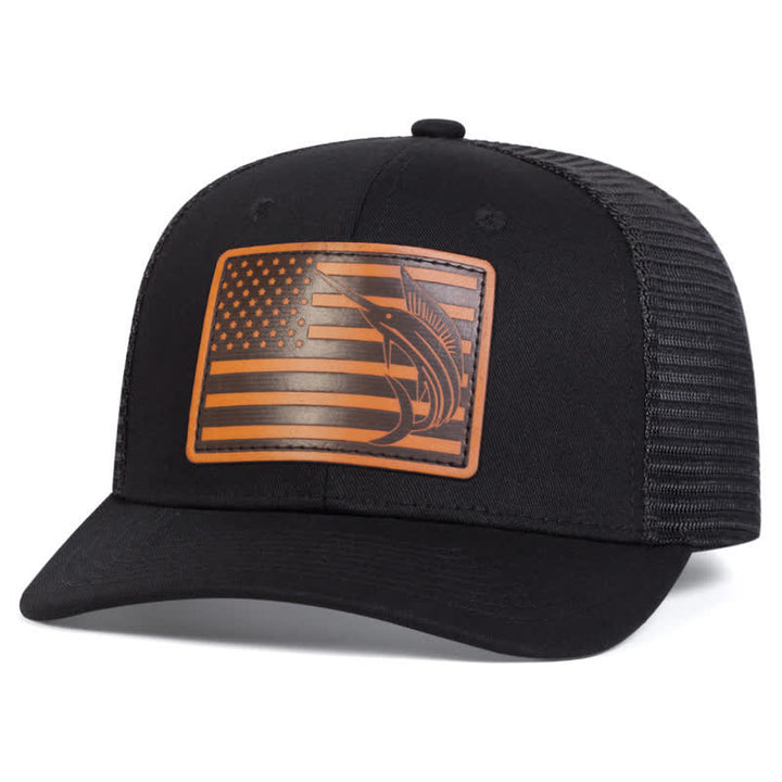 USA Flag Shark Leather Label Patch Trucker Hat - Black - Adjustable (About 22"-23 5/8") - image 1
