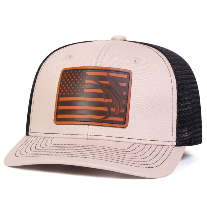 USA Flag Shark Leather Label Patch Trucker Hat - Beige - Adjustable (About 22"-23 5/8") - image 3