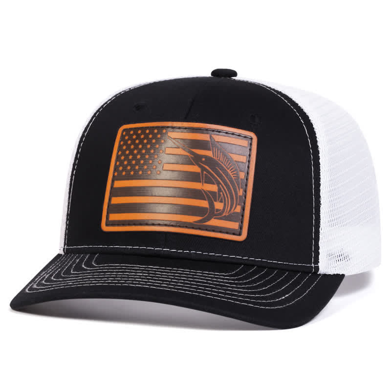 USA Flag Shark Leather Label Patch Trucker Hat