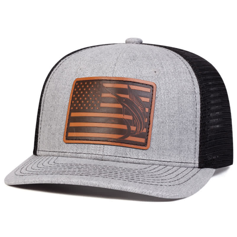 USA Flag Shark Leather Label Patch Trucker Hat - Gray - Adjustable (About 22"-23 5/8") - image 5