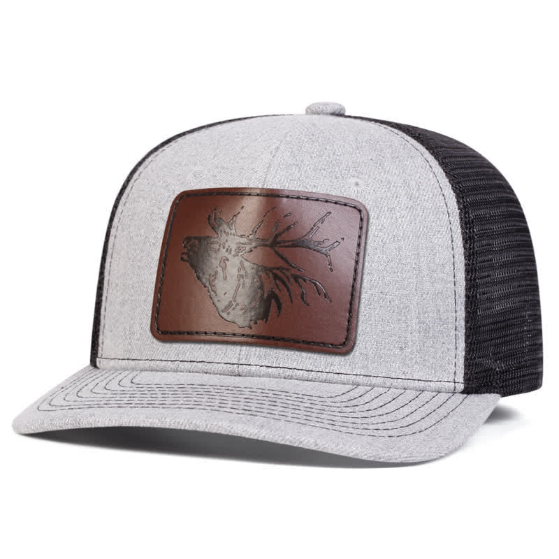 Big Deer Head Leather Label Patch Trucker Hat - Gray - Adjustable (About 22"-23 5/8") - image 6