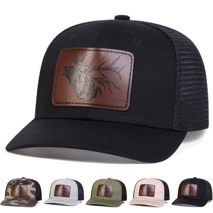 Big Deer Head Leather Label Patch Trucker Hat