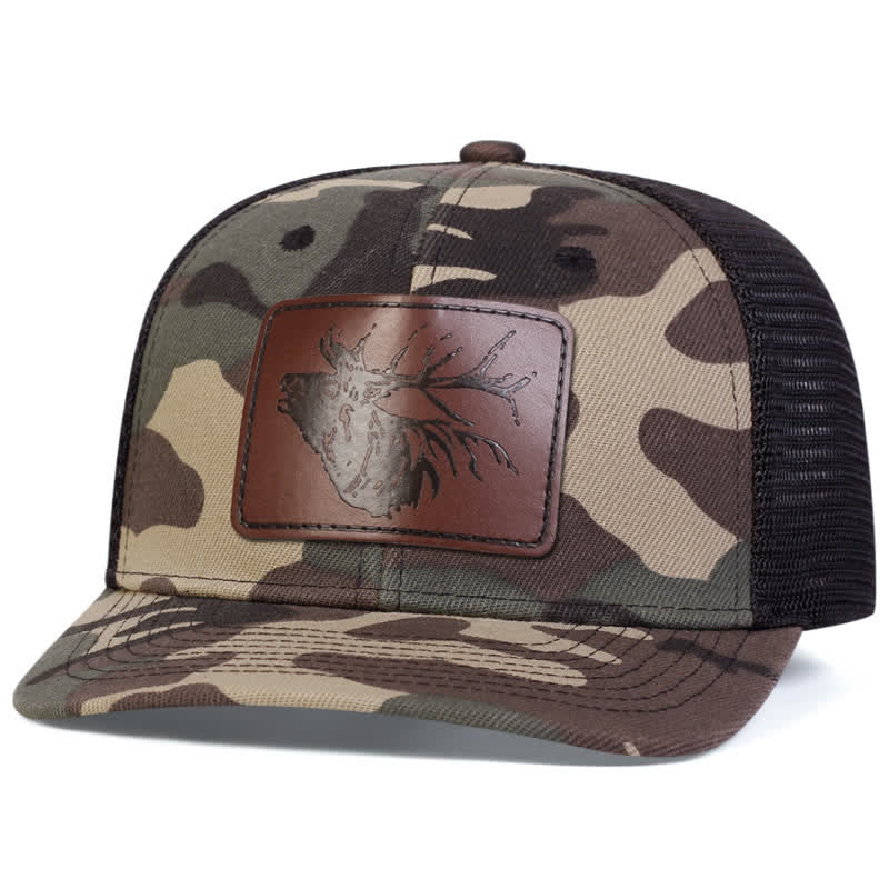 Big Deer Head Leather Label Patch Trucker Hat