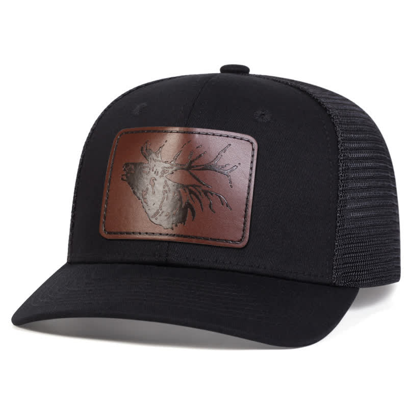 Big Deer Head Leather Label Patch Trucker Hat - Black - Adjustable (About 22"-23 5/8") - image 1